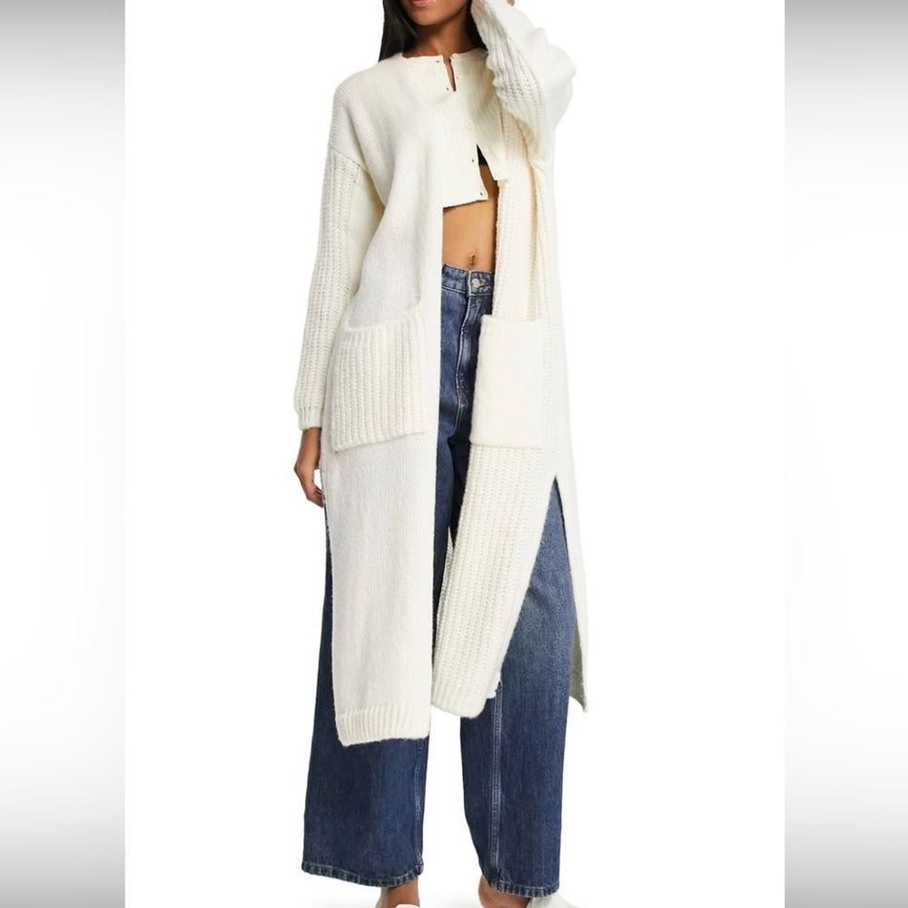 Topshop Viral Mixed Stitch Longline Cardigan in Ivory -‎ XS